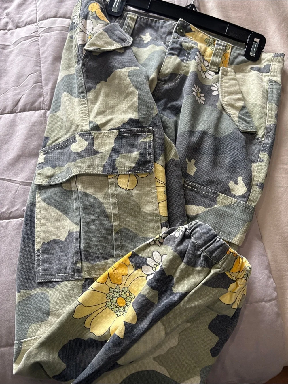 Forever 21 Olive Camo Cargo Pants with Yellow Floral Print